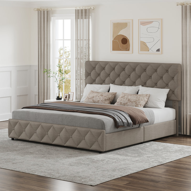 Bed Frame With Adjustable Headboard And 4 Storage Drawers, Linen Upholstered Platform Bed Frame, Light Gray, King