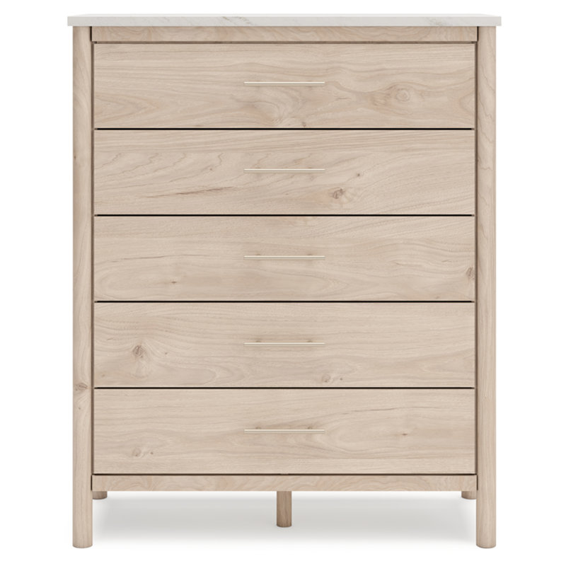Beige and White Transitional 5-Drawer Chest with Marble Top