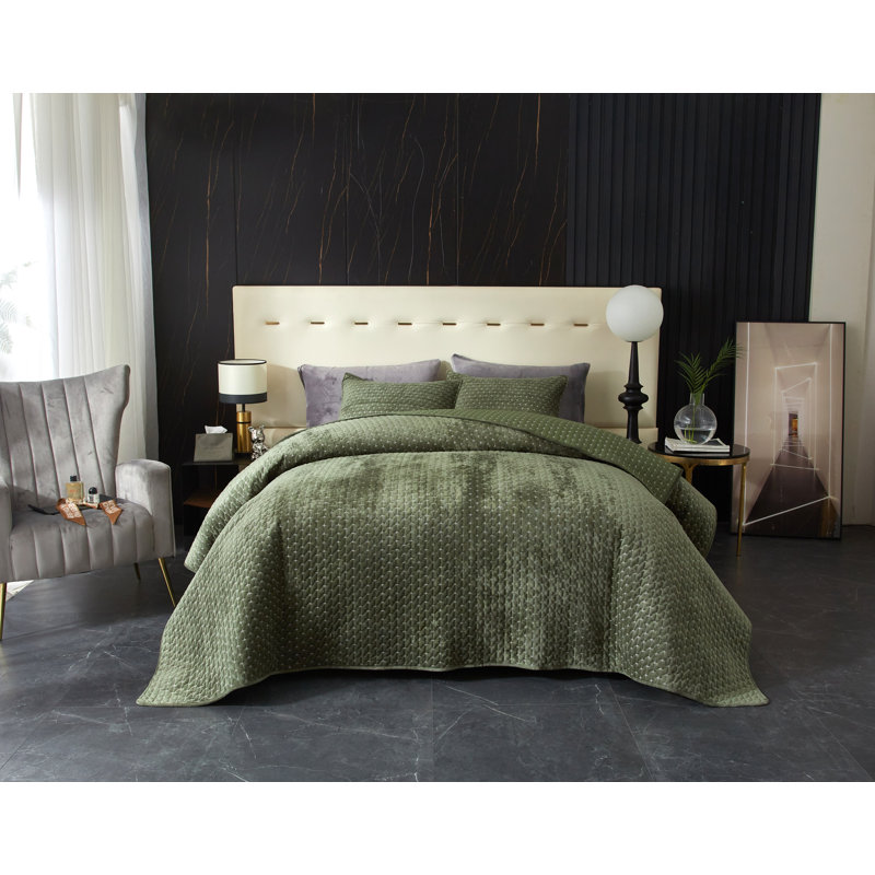 Couvre-lit en velours Zera Cross, Couvre-lit très grand + 2 taies d'oreiller très , Vert