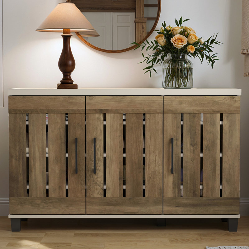Banos 16 Pair Shoe Storage Cabinet, Beige/Dark Brown Wood