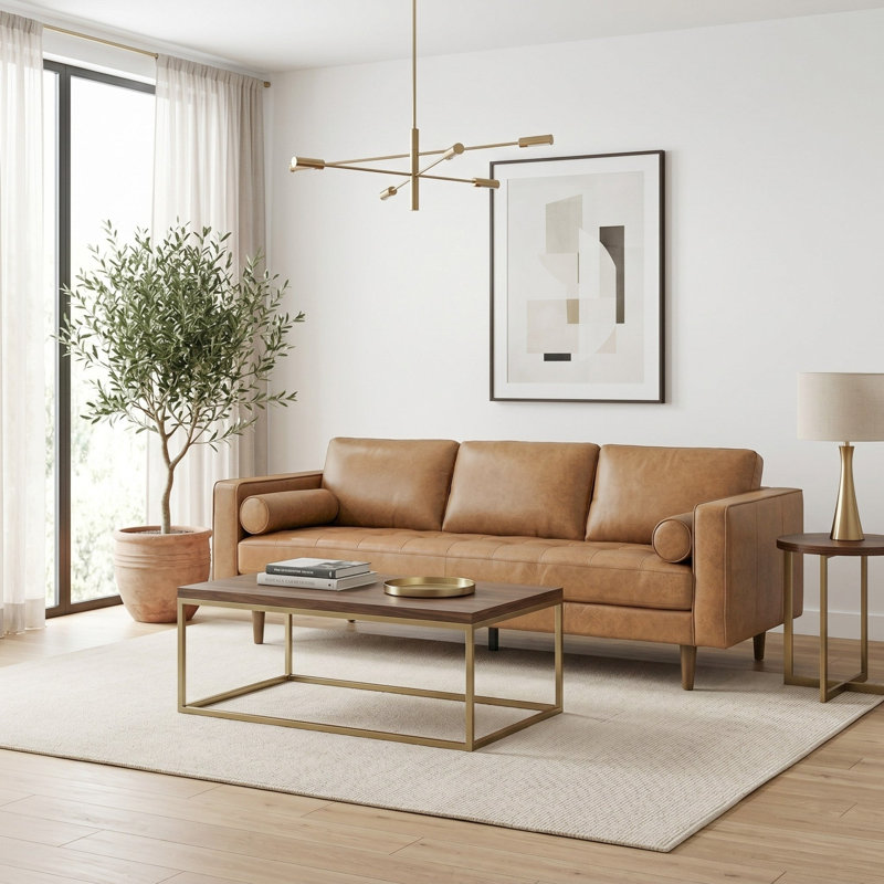 Canapé Catherine en cuir véritable beige, L 88,2 po