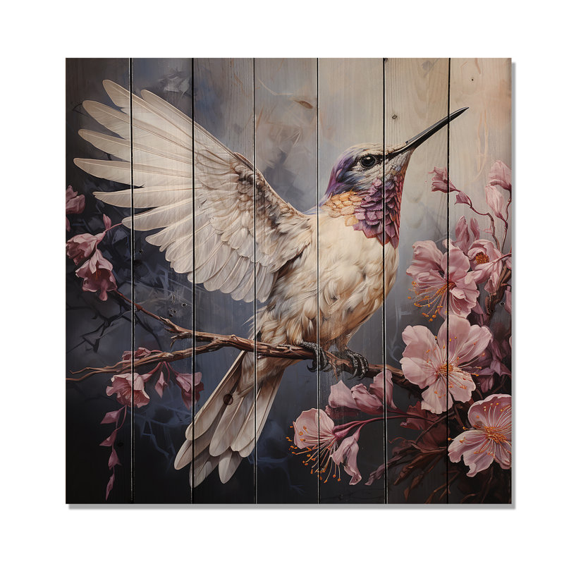 Humminbirds, fantaisiste, chuchotement floral - II, colibri sur bois, H 36 po x l 36 po