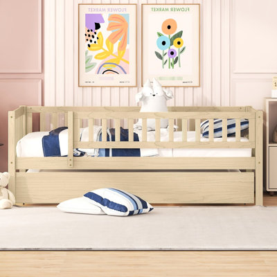 Twin Size Daybed With Trundle And Fence Guardrails In Natural - Practical Space Efficient Wood Maximizing Frame