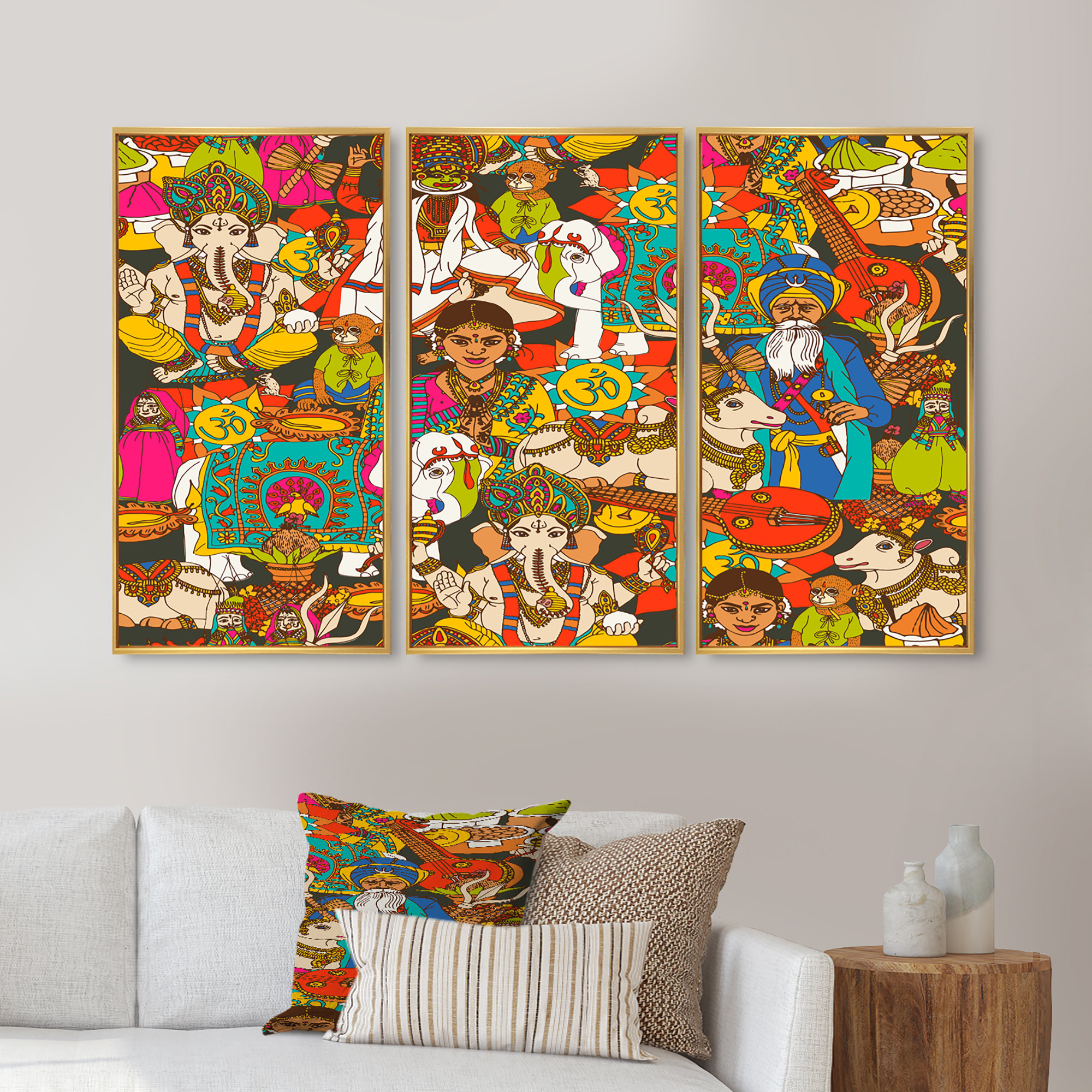 Black Indian Mandala Pattern Boho Geometric Abstract Chic Wall Art Framed  On Canvas 3 Pieces Print