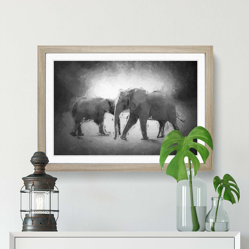 Elephants Crossing Paths in Abstract - Picture Frame Painting Print, Oak Framed, 48cm H x 65cm W 
