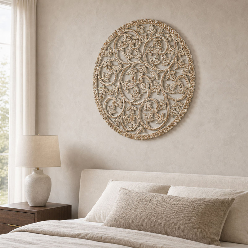 Panneau mural rond en bois 36 pouces avec miroir et motif floral sculpté