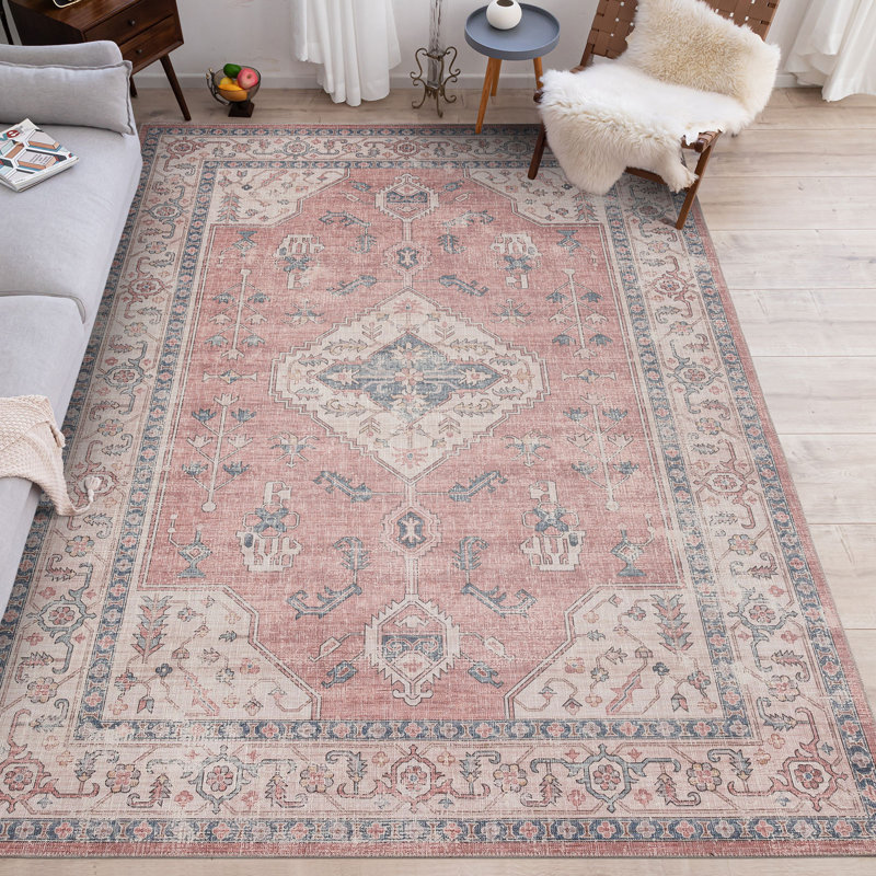BELIDA Machine Washable Vintage Foldable Area Rugs Pink Ivory, Rectangle 3' 6" x 5' 6"