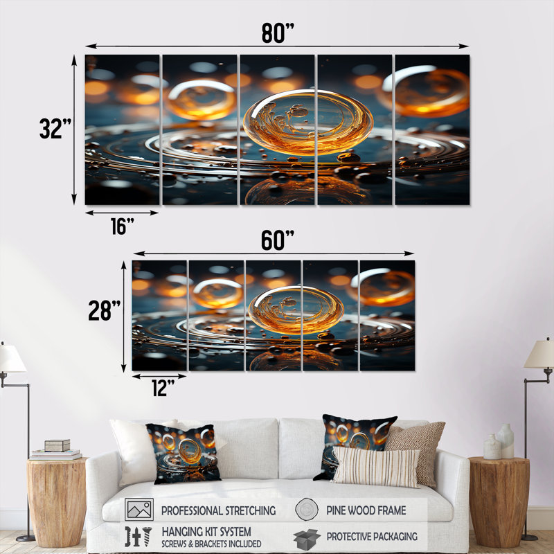 Jaune et noir, ceinture d'astéroides III - planètes, art mural 5 pièces, H 28 po x l 60 po