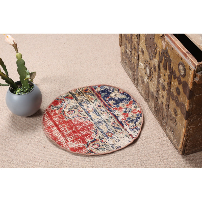 Vintage Round Turkish Rug For Gift Beautiful Faded Oushak Style Ideal As Door Mat In Red