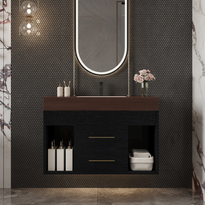 Ensemble de meuble-lavabo mural flottant 29,9 po, Noyer