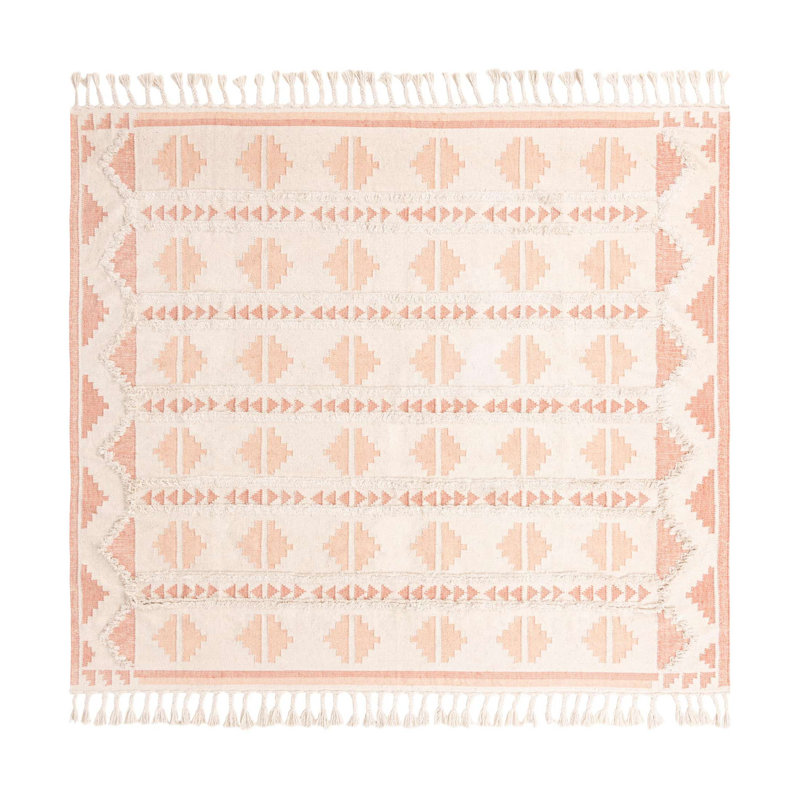 Tapis géométrique en laine tissé à plat à la main Eylin - rose et blanc, Rectangle 10 pi 1 po x 14 pi 1 po