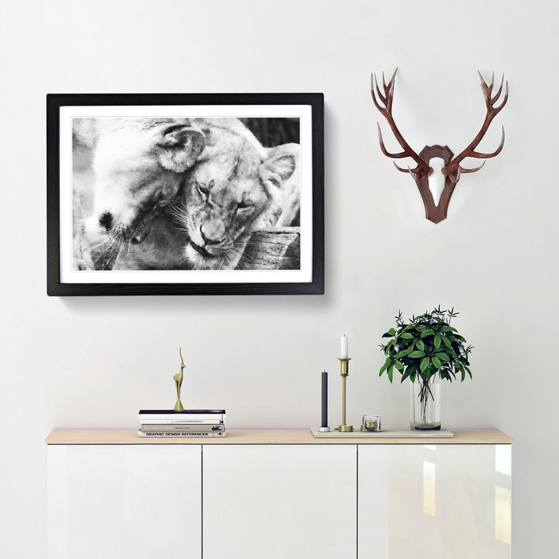 Two Snuggling Lions - Single Picture Frame Print on MDF, 24cm H x 33cm W x 2cm D, Black