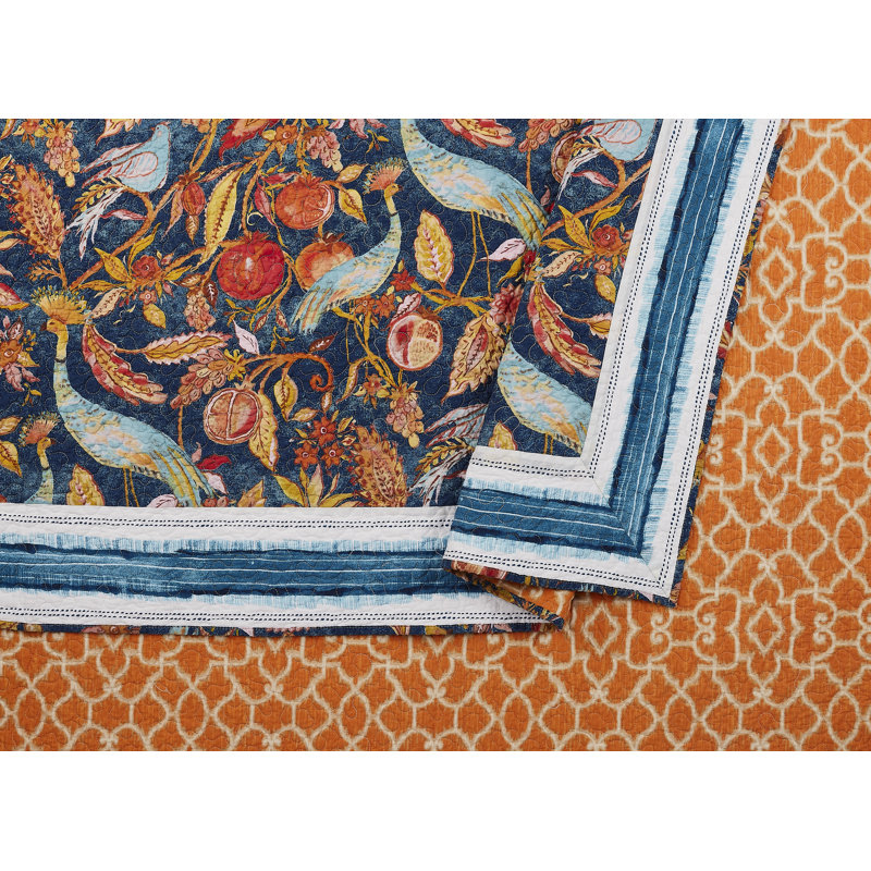 Peacock Garden Blue Cotton Reversible Full Quilt Set