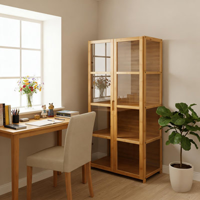 4-Tier Bamboo Display Case Figure Model Storage Cabinet Bookcase Collection Rack