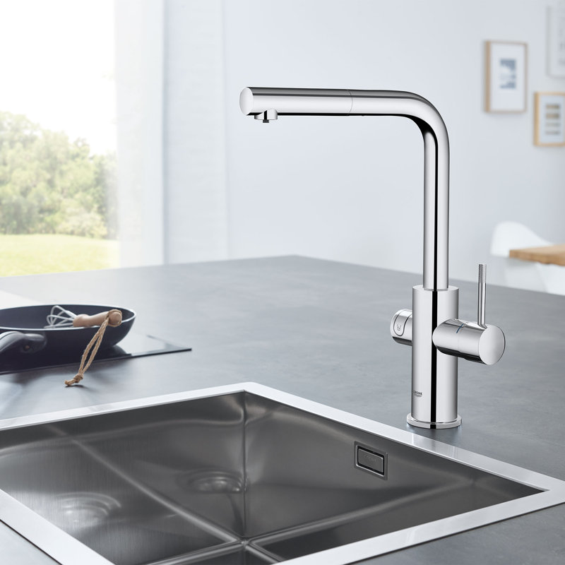 Robinet de cuisine à poignée simple bleu avec accessoires, Chrome ciel étoilé