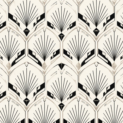 Peel and Stick Wallpaper Art Geometric Fan Motifs Black Beige Tones Contact Paper Removable Self Adhesive Wall Mural Wall Decor for Bedroom Kitchen Cabinets 17.7in x 118in