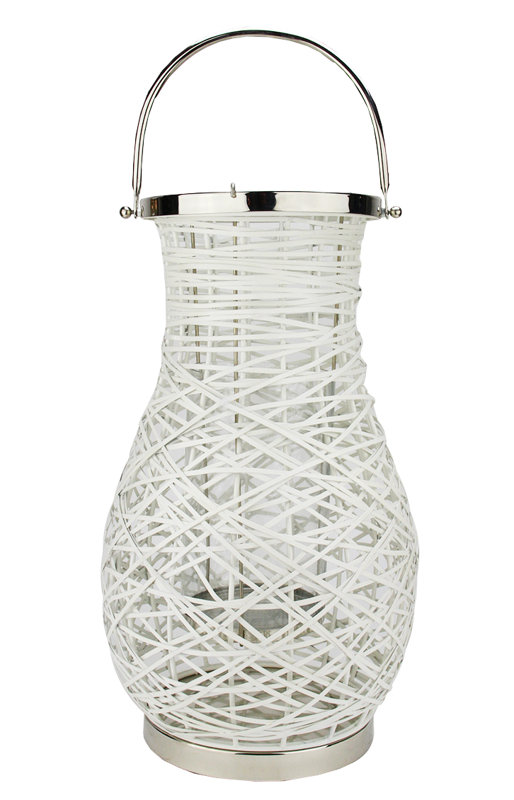 Lanterne-pilier moderne en fer tressé avec ouragan en verre, H 13,5 po x l 8,5 po x P 8,5 po, Blanc
