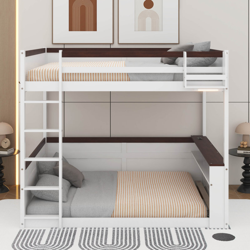Grand lit superposé en bois avec tablettes intégrées, lumière DEL et station de charge USB, Blanc