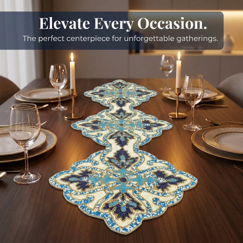 Embroidered Beaded Blue White Table Runner with Glass Bead Embroidery for Christmas and Home Decor, 54" Rectangle