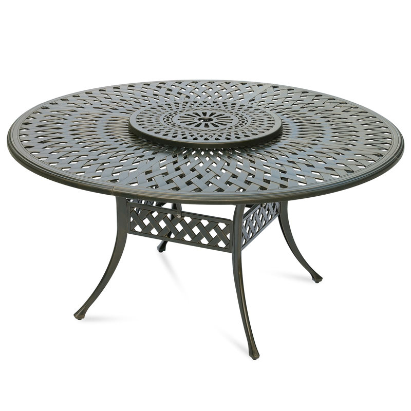 Meetwarm Outdoor 61" Round Patio Dining Table With Detachable Lazy Susan, All Weather Cast Aluminum Large Patio Furniture Table Set For 8 Seat With 24" Rotating Tray, Umbrella Hole, Dark Bronze