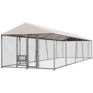 10ft Large Outdoor Dog Kennel With Bowls, Dog Kennel Outside With Waterproof Cover Roof For Outside With Secure Lock