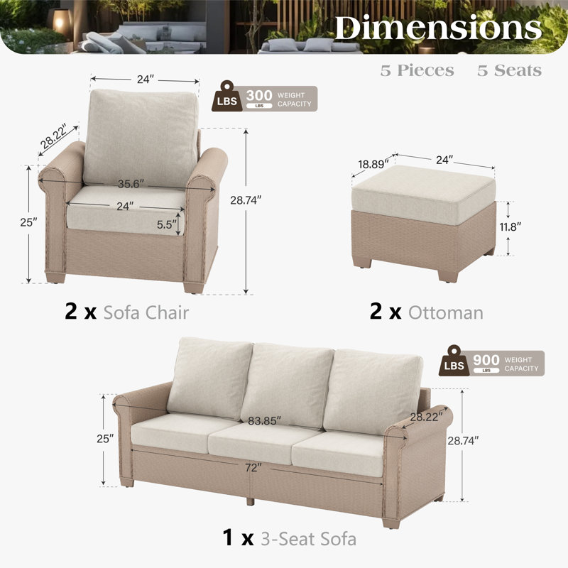 7-Person Outdoor Patio Rattan Sofa With Ottoman, Beige