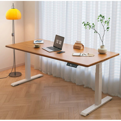 Electric Height Adjustable Standing Desk with Solid Wood Top & White Frame