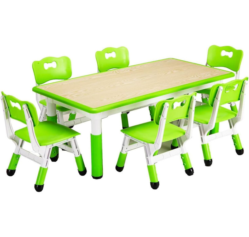 Height Adjustable Kids Table & 6 Chairs Set, Multi-Activity Desk for Ages 2-10, 300lb Capacity, Green