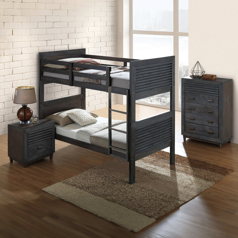 Lit simple superposé au dessus d'un lit superposé transitionnel en bois massif brun anthracite, réversible, conception à lattes, tête de lit à panneau, joint, mise à niveau de chambre à coucher avec bois franc brun, tête de lit et décoration