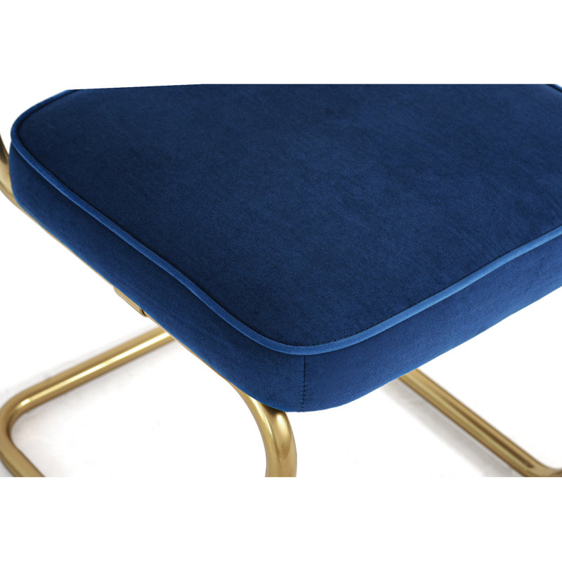 Set of 2 Modern Armless Dining Chairs, Blue Velvet Upholstered Cushion with Natural Rattan Backrest & Gold Metal Legs, Accent Chairs for Kitchen, Living & Dining Room