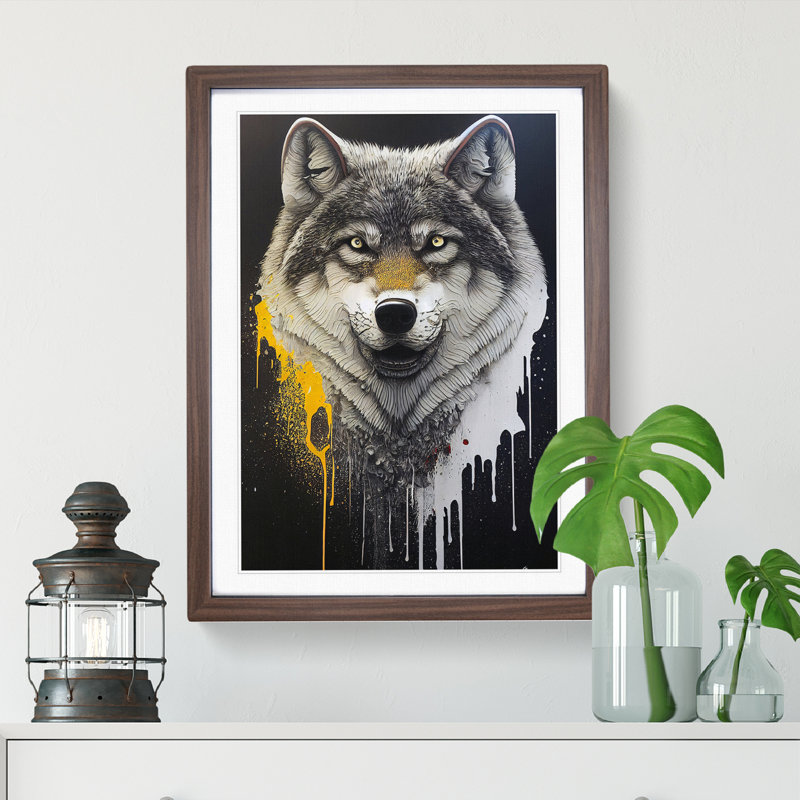 Splashed Wolf No.2 - Single Picture Frame Print, 64cm H x 46cm W x 2cm D, Walnut Framed