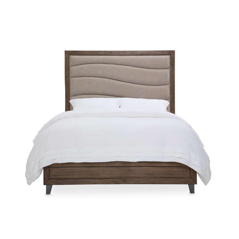 King Dark Brown Acacia Wood Upholstered Bed with Cream Headboard