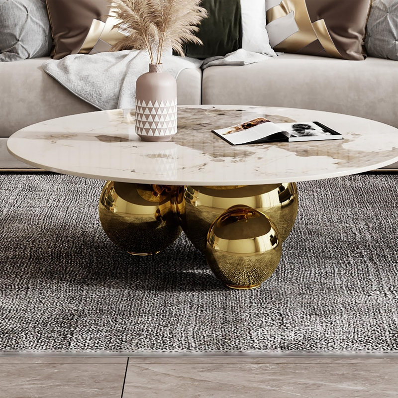 Table basse ronde dorée avec piédestal en acier inoxydable et plateau en faux marbre, 15.4" H x 39.4" W x 39.4" D
