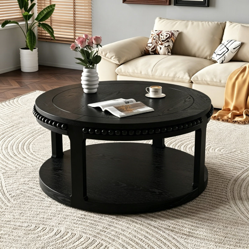 2-Tier Round Coffee Table, Solid Wood End Table with 4 Legs, 100 lbs Per Tier, High-Gloss Lacquer Finish, Easy Assembly for Living Room