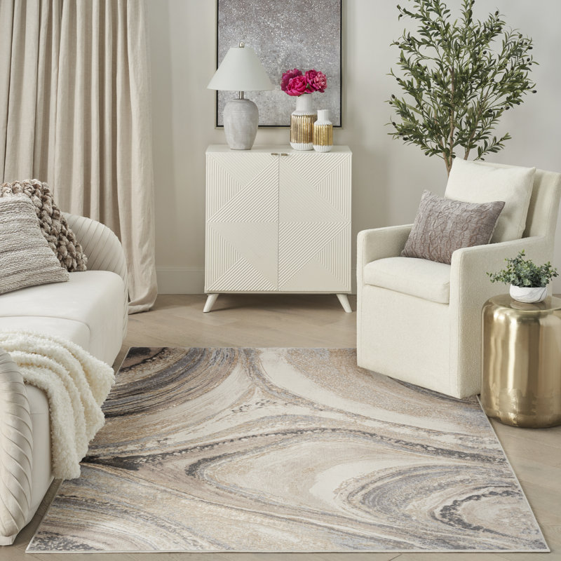 Abstract Machine Woven Area Rug in Cream/Grey, Rectangle 5'3" x 7'3"