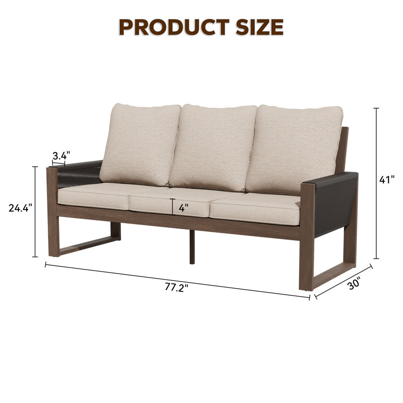 3-Seat Patio Wooden Sofa With Cushions, Beige