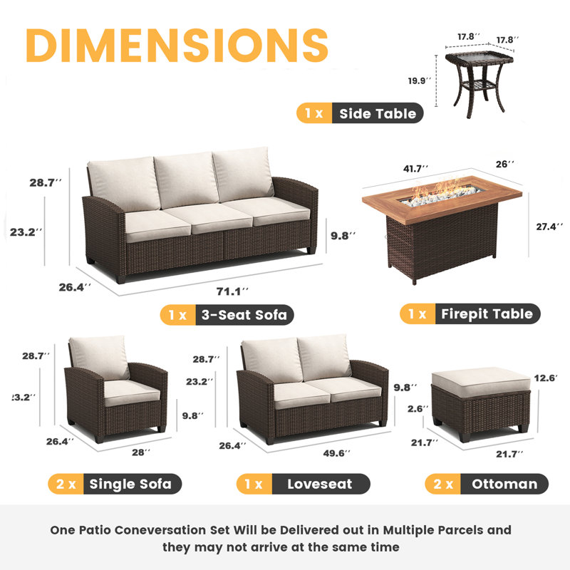 Ensemble de conversation d'extérieur en rotin 7 pièces avec canapé 3 places, causeuse, fauteuils club pivotants et repose-pieds
