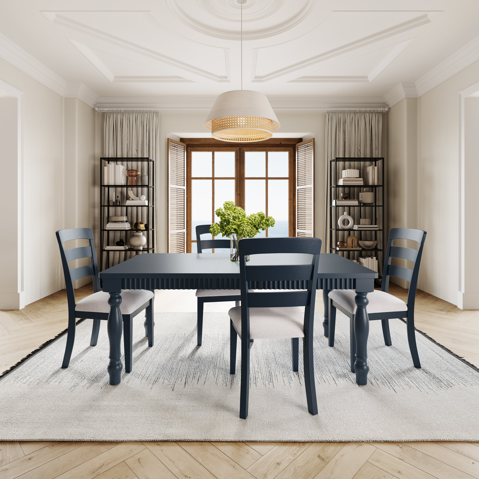 Alper Dining Set With Ladderback Chair, 5 Pieces: Table, 4 Chairs, Navy