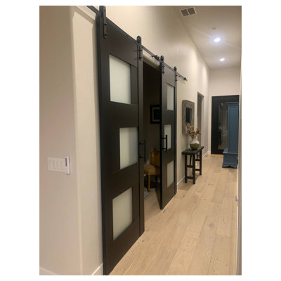 Porte de grange double robuste avec verre dépoli Sete 6933 Noir mat Supports de rail 13 pi Portes intérieures à panneaux solides - 60 po x 80 po (2 x 30 x 80)