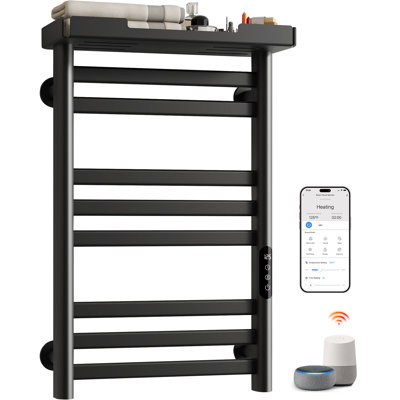 ENZE Smart Heated Towel Rack, 8-Bar Wall-Mounted Electric Towel Warmer 160W with Shelf, Wi-Fi App Control & LED Touch Screen, Adjustable Temperature & 24H Timer, IPX5, Plug-in/Hardwired, Matte Black