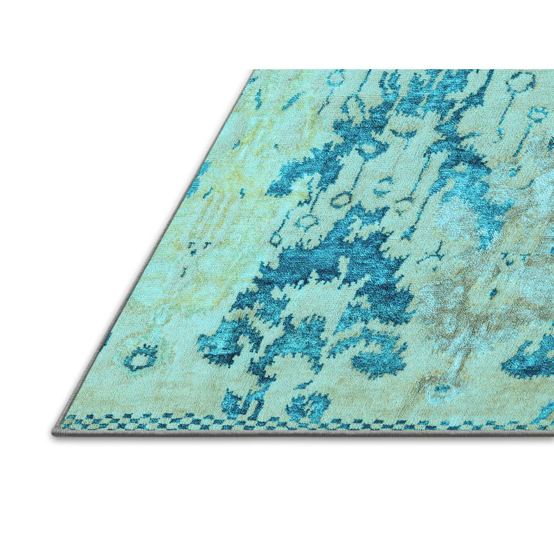 Tapis bleu / bleu sarcelle abstrait en polyester tissé à la machine, Rectangle 2 pi x 3 pi