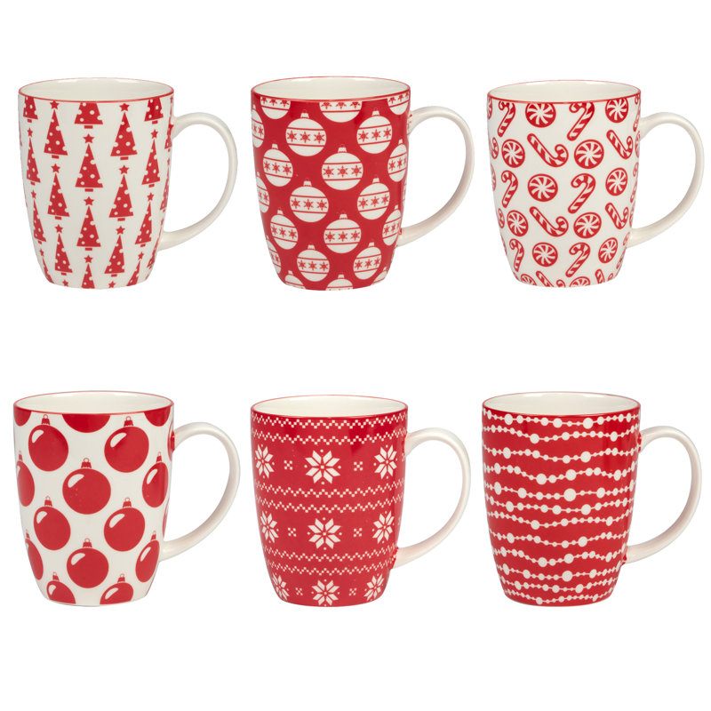 Set of 6 Red and White Ceramic Christmas Mugs
