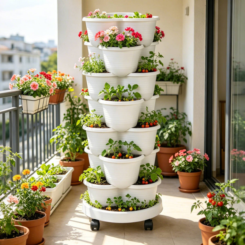 Pot à fleurs vertical à 7 étages avec poteau de soutien Strawberry, Blanc