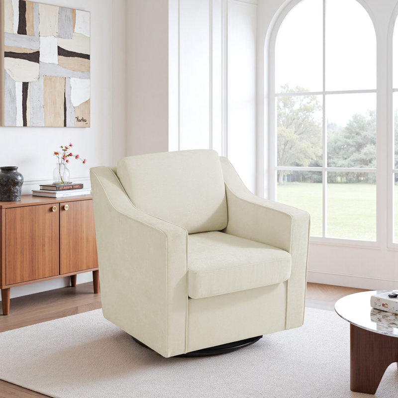 Bronnen Big And Wide Upholstered Cushion Swivel Armchair with Removable Back and Seat Cushion, Beige Chenille, Chenille