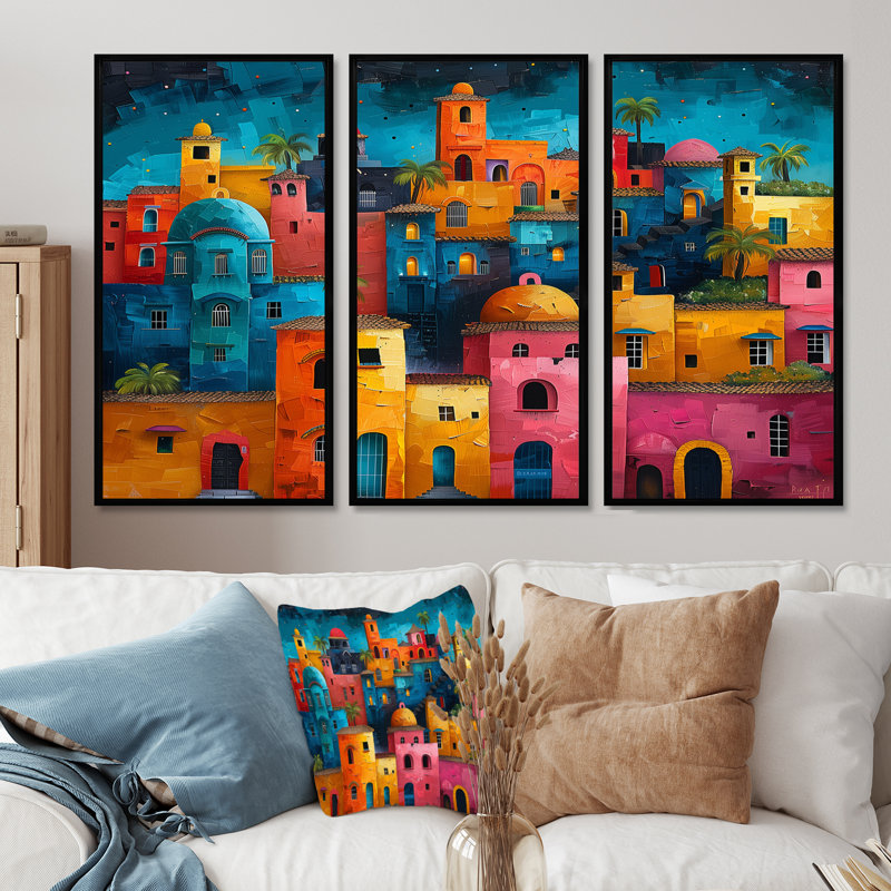 Ensemble de salon mural Leclerc - City Buildings, H 28 po x l 12 po x P 1 po, Toile avec cadre flottant noir