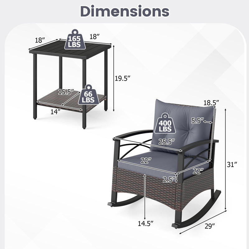 Ensemble de chaise berçante pour patio 3 pièces avec table basse à 2 niveaux et coussins de dossier souples Winston Porter