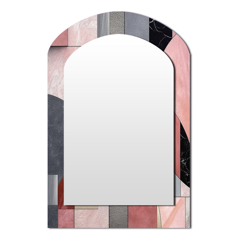 Pink Transcendent Angles II - Abstract Shapes Arch Wall Mirror, Modern Asymmetrical Decorative Mirror, Printed Metal Art
