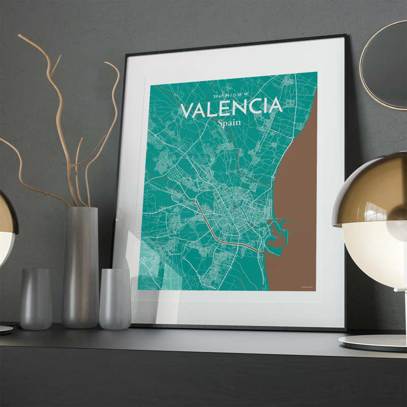 Valencia, carte de la ville, impression, Vert / Brun, H 20 po x l 16 po