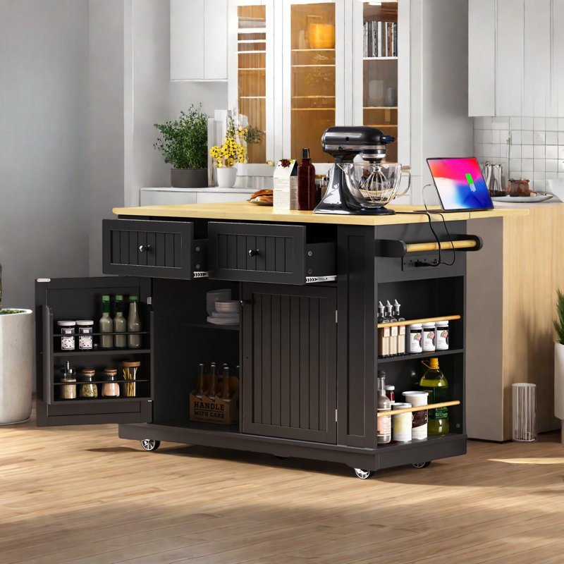 Grand îlot de cuisine roulant avec abattant, prise de courant, supports de rangement internes, 5 supports latéraux ouverts, 2 tiroirs, une tablette réglable