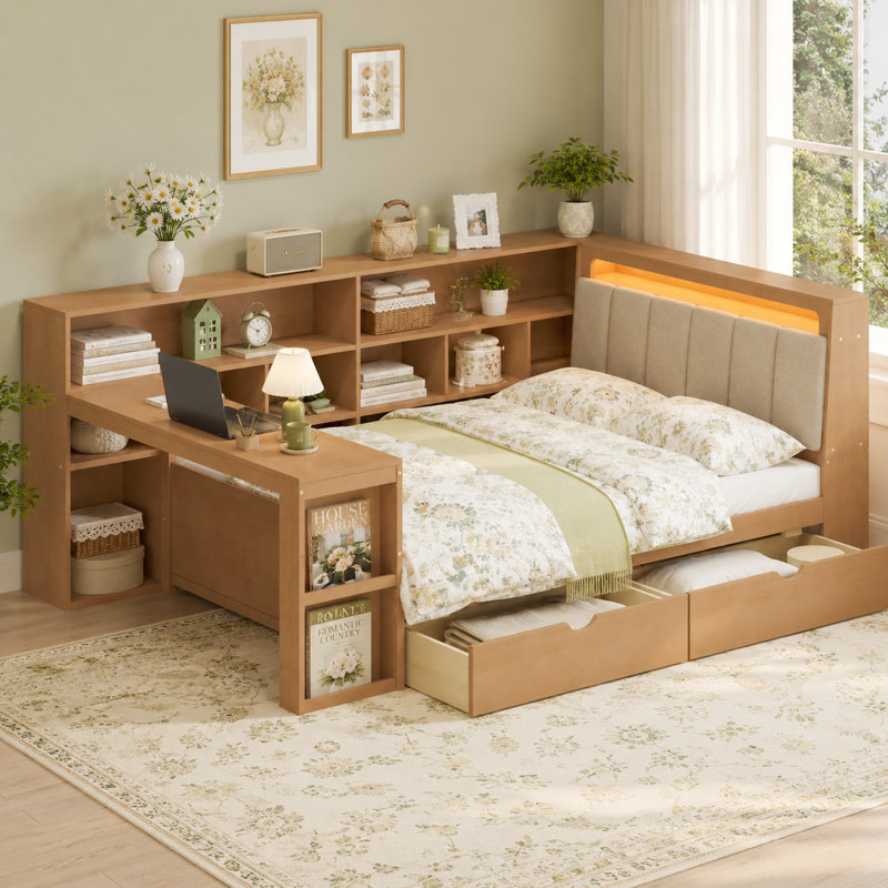 Lit de jour en bois en forme de L avec bureau intégré, bibliothèque de rangement, tête de lit rembourrée, bande lumineuse DEL et tiroirs sous le lit.